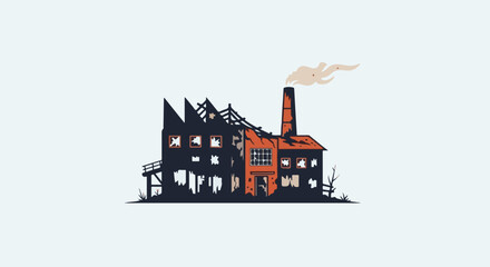Naklejka premium Dilapidated factory with smoke plume rising from chimney