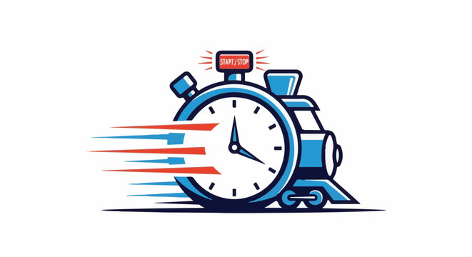 Stylized blue train with a clock face moving quickly