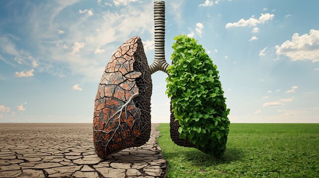 Symbolic lungs showing contrast between barren earth and lush greenery, representing pollution versus sustainability.