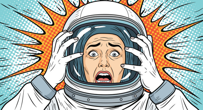 Panic-stricken female astronaut screaming in terror inside her space helmet with hands on the glass visor and explosion background.
