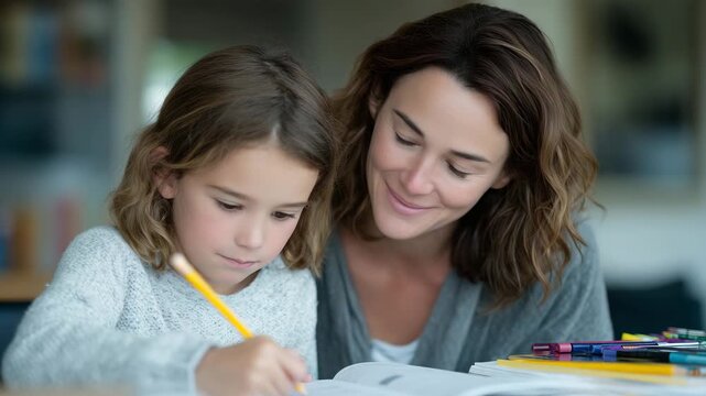 Encouraging mother smiling while checking her daughter&rsquo;s completed homework assignment at a bright study table, open notebooks, colored markers and textbooks around them, sunlight