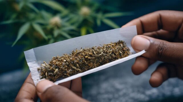 Extreme close-up of a joint in progress, hands rolling cannabis inside thin white paper, visible trichomes sparkling under soft natural light, blurred background for intimate focus