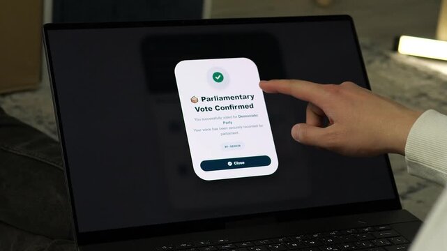 Modern e-voting platform on laptop. User selects political party and receives Vote Confirmed message. Concept of digital democracy, remote parliamentary elections, and secure e-governance for global