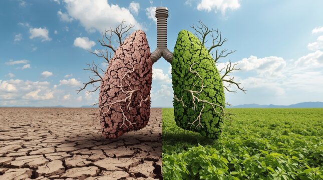 Lungs as split landscapes, barren desert vs lush greenery, symbolizing pollution and environmental health.