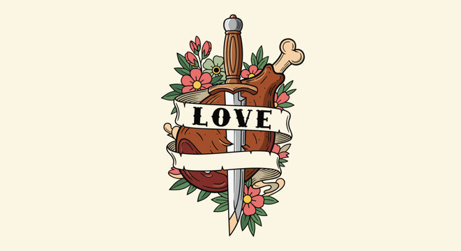 Traditional tattoo illustration of a cooked meat leg with a dagger through it and a ribbon with the word LOVE and flowers.