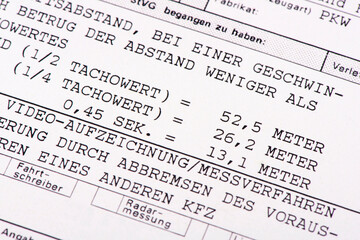 Fototapeta premium Bußgeldbescheid von der Polizei wegen Abstandsmessung