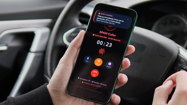 Active phone fraud attempt caught on screen. Mobile UI shows Suspicious Activity Reported during a scam call. Warning against sharing passwords or OTP. Professional footage for digital safety, fintech