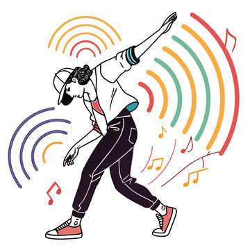 Dab dancing person with music and colorful sound waves.