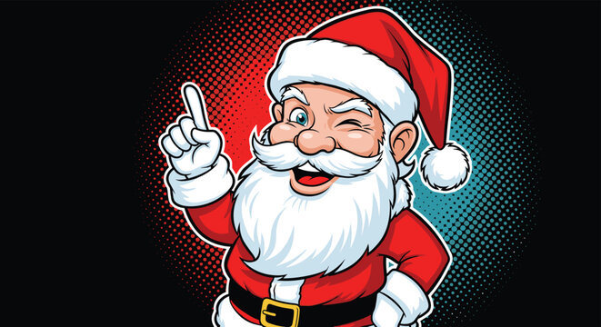Jolly Santa Claus winking and pointing upwards with one finger against a red and blue halftone circle background.