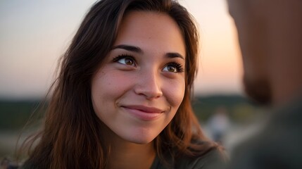 Fototapeta premium A woman with a gentle smile looks up during a shared outdoor moment at sunset embodying connection and warmth