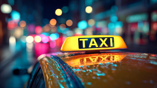 Yellow taxi roof sign glowing on a rainy city street at night with vibrant blurred lights reflecting on wet surfaces and creating a lively urban atmosphere