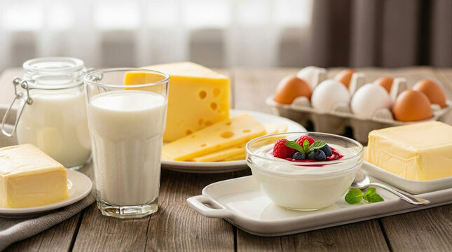 Assorted dairy products including milk, yogurt, cheese, butter, and eggs arranged for breakfast, wholesome morning meal, farm fresh ingredients, rustic kitchen setting.