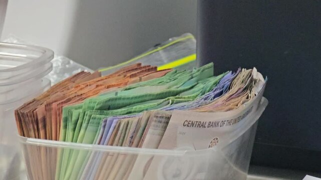 Stashed UAE dirham cash in a clear plastic bin on a desk next to office supplies. Bundles of colorful currency notes organized by denomination in a workspace.