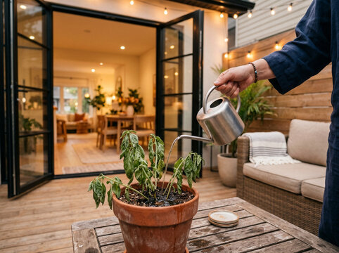 Home gardener nurturing herb in terracotta pot, culinary herb care, indoor outdoor gardening, kitchen herb cultivation, fresh greenery maintenance.