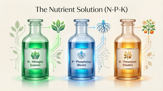 NPK nutrient bottles explain plant feeding. Clean infographic links nitrogen to leaves, phosphorus to roots, potassium to health, showing nutrient balance for hydroponics, garden care, crop nutrition