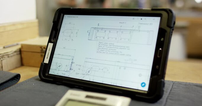 Tablet computer displaying technical drawing and engineering blueprint on a workbench in a workshop