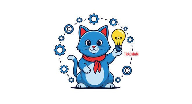Cute blue cat cartoon mascot with an idea lightbulb and copyright protection gears.
