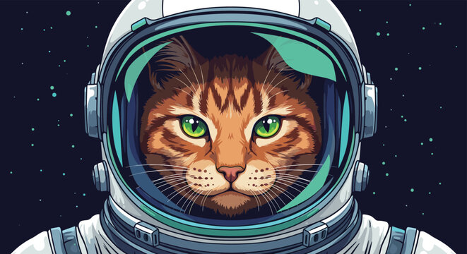 Portrait of ginger cat wearing astronaut helmet and suit in outer space with stars, creative illustration of space exploration and pets.