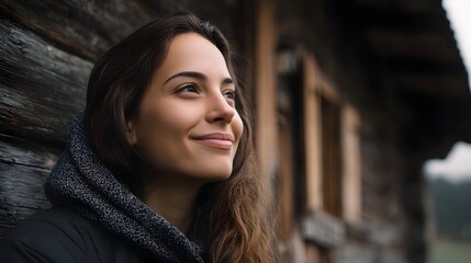 Fototapeta premium A woman with dark hair smiles while standing beside the weathered facade of an old wooden building