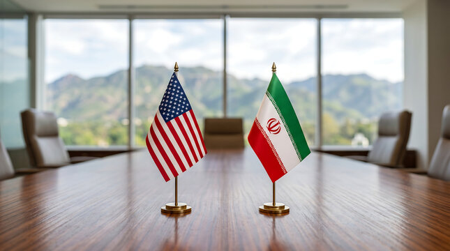 Flags of United States and Iran. ceasefire agreement, diplomacy, conflict resolution and global peace meeting concept.
