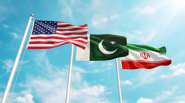 Flags of United States and Iran and Pakistan waving in air. Islamabad talks ceasefire agreement, diplomacy, conflict resolution and global peace meeting concept