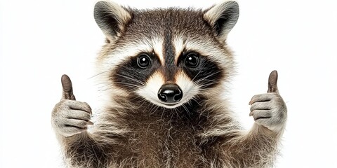 Obraz premium Adorable Raccoon with Double Thumbs Up Gesture, Exuding Charm and Playfulness on White Background
