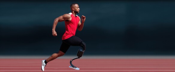 Fototapeta premium Athlete with prosthetic leg competes on track in adaptive sports events