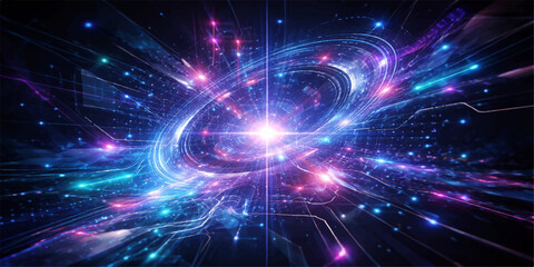 Abstract space background featuring a blue neon glow with fractal stars and purple light energy in a bright motion illustration design © Alpha Designs