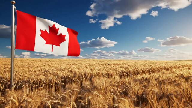 Canadian flag waving over golden wheat field at sunset, symbolizing agriculture, prosperity, and national pride
