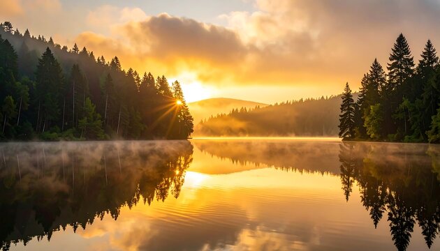 A scenic lake reflects a golden sunrise, framed by lush evergreen forests and enveloped in misty atmosphere