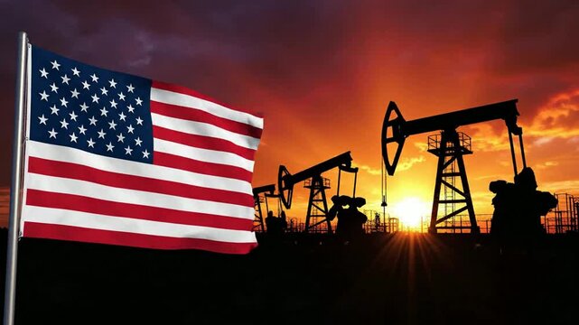 American flag waving against oil pump jacks at sunset: us energy industry, petroleum production, and economic power concept