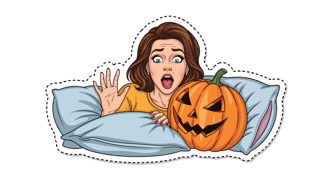 Scared young woman wakes up in bed and screams after finding a spooky glowing jack-o-lantern on her pillow during a dark halloween night.