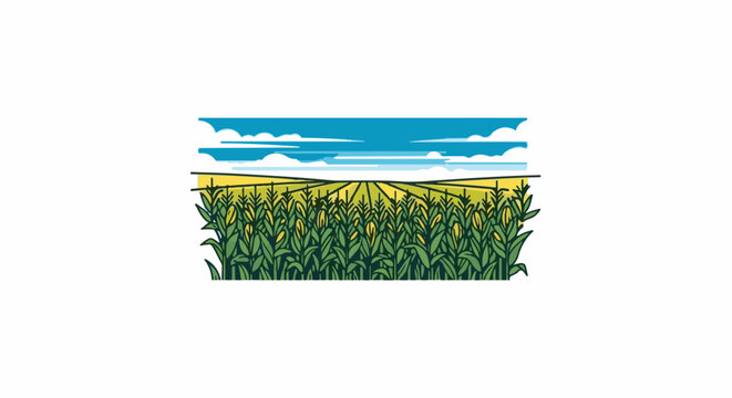 A vibrant illustration of a vast cornfield under a bright blue, cloudy sky