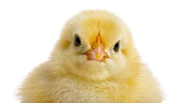 Fluffy yellow chick with dark eyes, isolated on transparent background