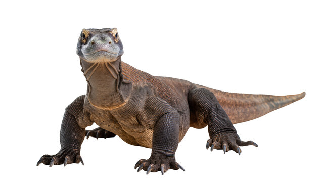 Massive Komodo dragon reptile with scaly brown skin, isolated on transparent background