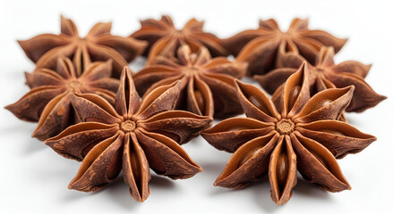 Fototapeta premium Star Anise Spice Close Up on White Background Aromatic Ingredient