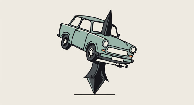 A vintage light blue car is impaled by a sharp black arrow from below