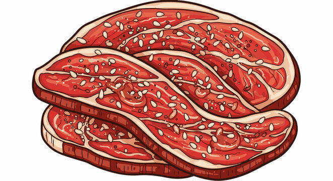 A stack of four raw, thinly sliced red meat steaks with visible fat marbling