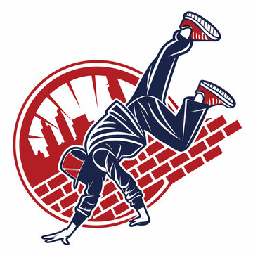 Urban bboy dancer doing headstand with city view.