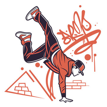 Young man performing breakdance moves on street.