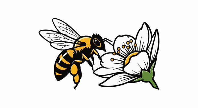 A stylized bee with yellow and black stripes approaches a white flower