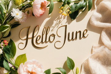 Postcard card poster text lettering Hello June sunny summer flower blossom background AI Generative