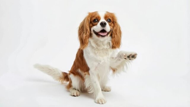 spaniel dog making hi five isolated on white background video