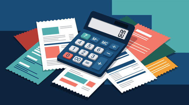 Calculator calculating finances on pile of bills and receipts