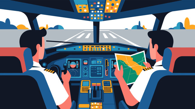 Two pilots navigating with map inside airplane cockpit
