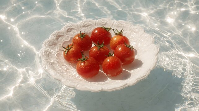 Cherry Tomatoes Immersed in Water with Air Bubbles