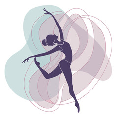 Dancer silhouette with abstract swirling shapes in purple. © Sirajum