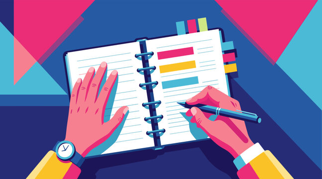 Hands writing in open planner with colorful tabs on desk