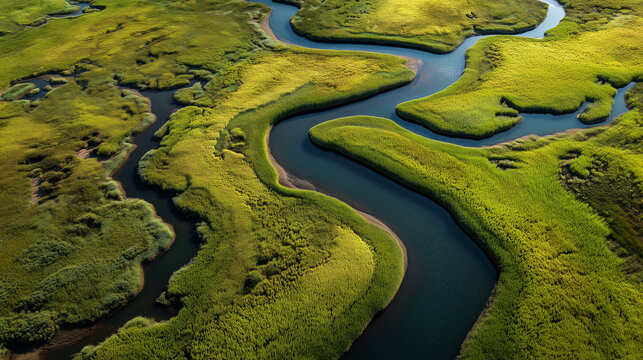 Aerial view of a winding river flowing through a lush green marshland with vibrant vegetation.