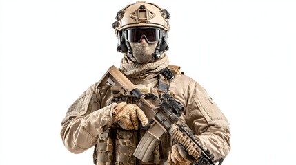 Obraz premium Sure! Here's a short, friendly, and informal version for you:Guard gear with helmet and assault rifle, ready for action, on plain white backdrop